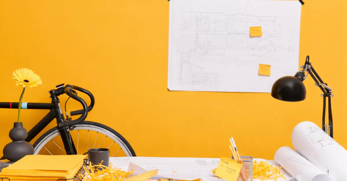 Bright yellow workspace with bike, desk, lamp and plans, lazy easy elf on the shelf ideas setup now!