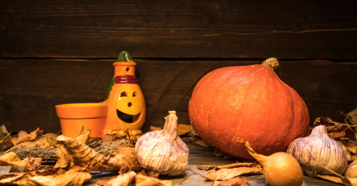 water pumpkin carving ideas scary easy with autumn setup pumpkin garlic and fall leaves display