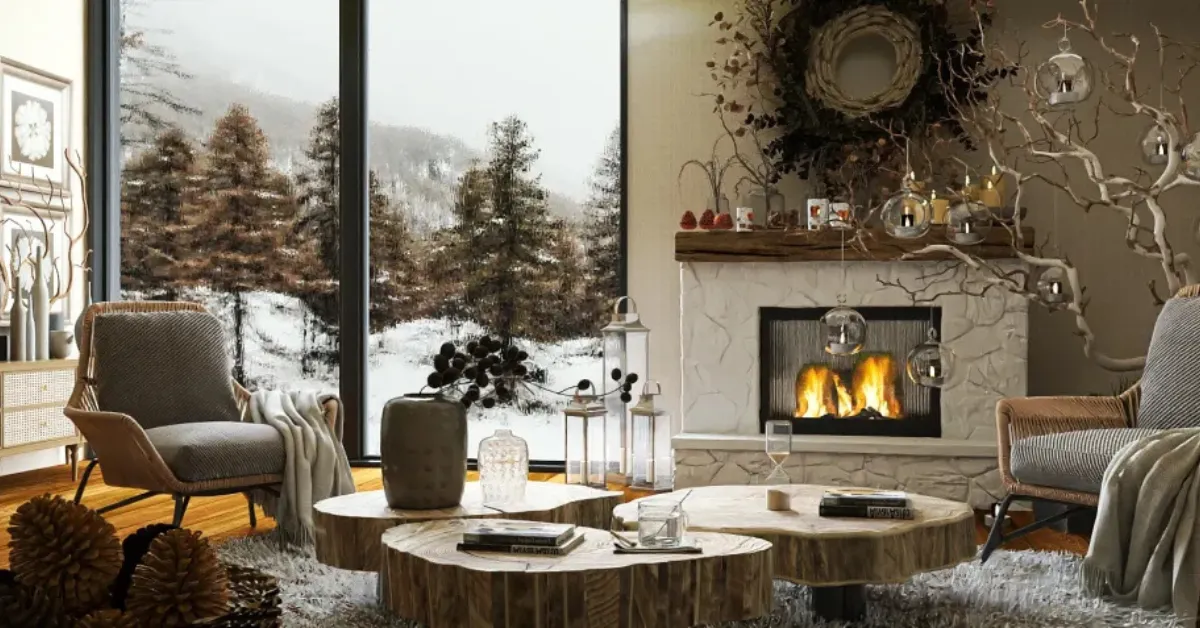 Cozy winter living room with a lit fireplace, wooden furniture, and decorative accents, overlooking a snowy forest through large floor-to-ceiling windows.